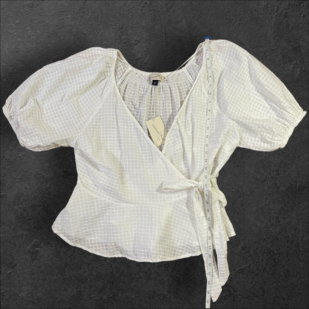 Puff Sleeve Wrap Bow Tie Textured White Blouse XXL - Picture 6 of 8